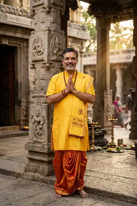 नक़्क़ाशीदार मंदिर स्तंभ के पास पीला कुर्ता पहने ज्योतिषी